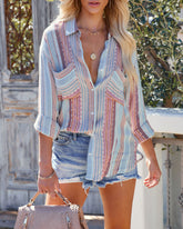 Tenny Gestreiftes, gewebtes Button-Down-Oberteil - Blau Rot
